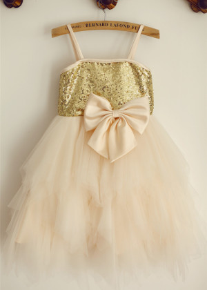 Spaghetti Straps Gold Sequin Champagne Tulle Ruffled Flower Girl Dress